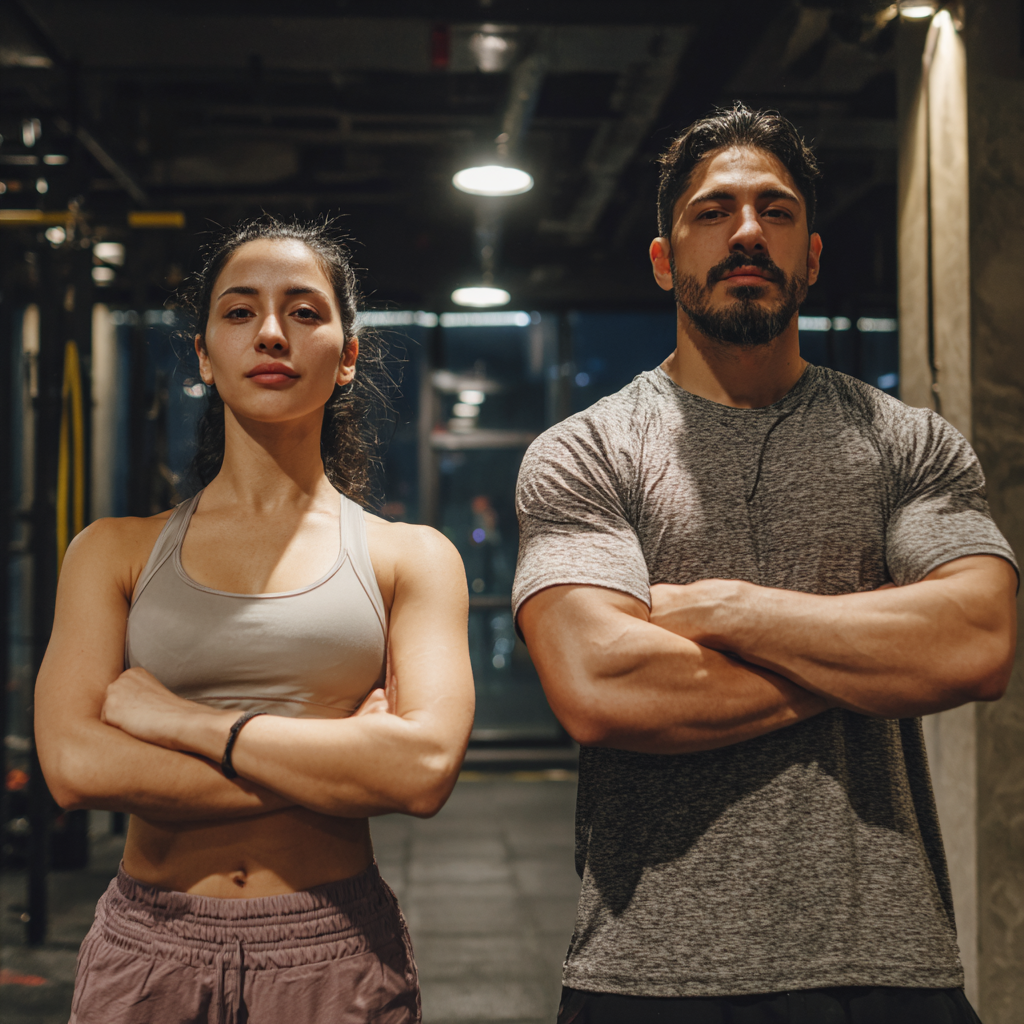 Focused Uzbek adults demonstrating proper form and mindful movement during strength training exercises